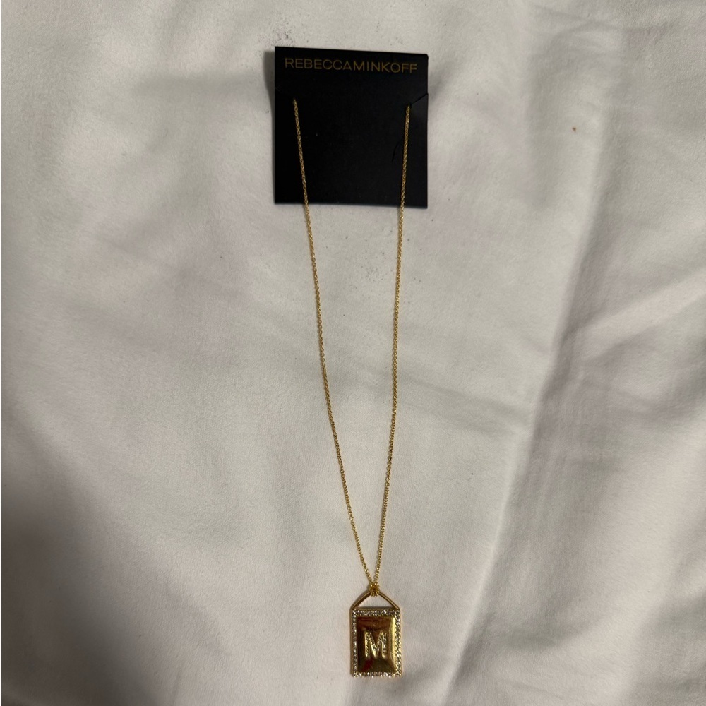 Rebecca Minkoff Initial Gold Tone Necklace with crystal accents. Letter “M” NWT - Picture 2 of 3